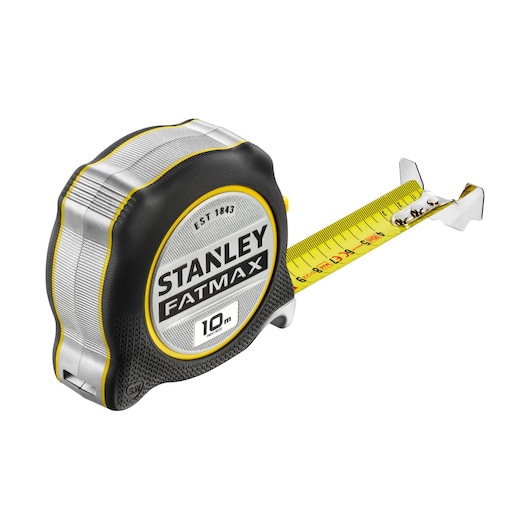 STANLEY FMHT38232-0 tape measure, 10m, yellow tape, black and silver casing, side angle photo.