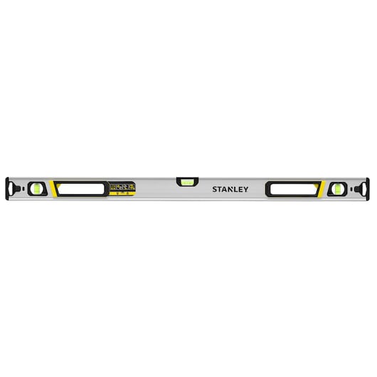 STANLEY FMHT43675-1 spirit level, straight aluminium body, three vials, front angle, yellow and black details.
