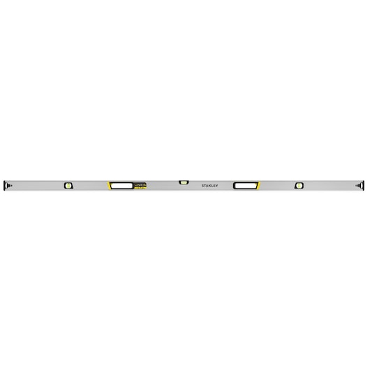 Photo of STANLEY FMHT43679-1 aluminum spirit level with three vials and yellow accents, front angle on white background.