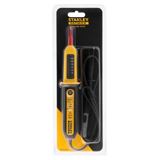 STANLEY FMHT82566-0 voltage tester, yellow and black, in retail packaging, photo of front angle.