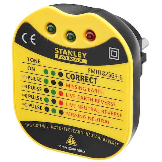 STANLEY FMHT82569-6 plug tester, yellow and black, front angle, shows indicator lights and test instructions.