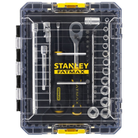 STANLEY FMMT98101-0 socket and ratchet set in transparent plastic case, top view, yellow and black accents.