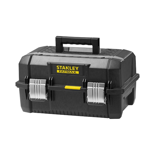 STANLEY FMST1-71219 black plastic tool box with metal latches, front angle on white background.