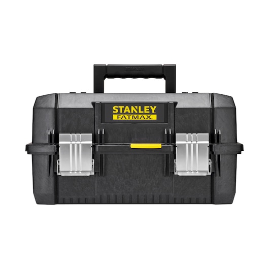 STANLEY FATMAX FMST1-71219 black toolbox with metal latches, front view on white background.