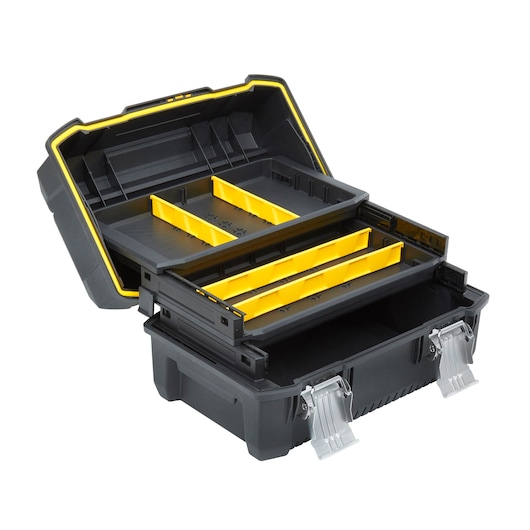 STANLEY FMST1-71219 tool box with open lid, yellow dividers, front angle, black plastic body.