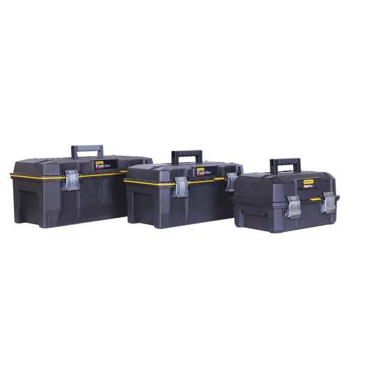 STANLEY FMST1-71219 black plastic toolboxes set with yellow accents, three sizes, side angle, white background.