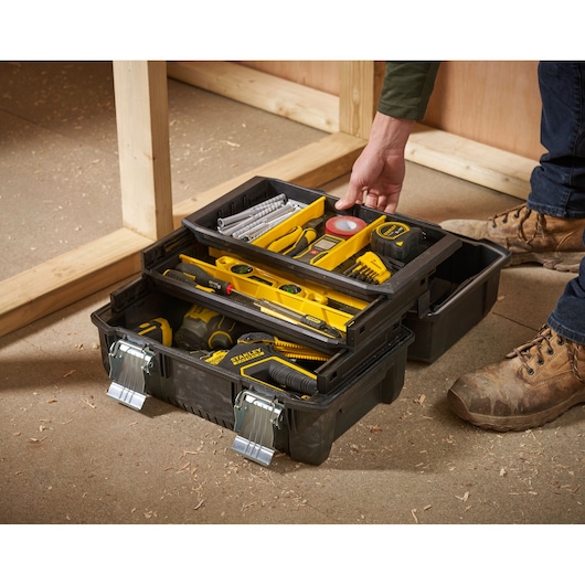 STANLEY FMST1-71219 tool box photography showing organized trays and various hand tools.
