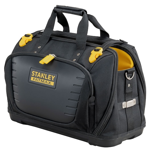 STANLEY FMST1-80147 tool bag, black with yellow accents, side angle, hard front panel, fabric handles.