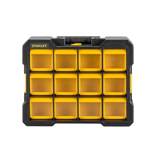 STANLEY FMST81077-1 organizer with sixteen yellow compartments, black case, front angle on white background.