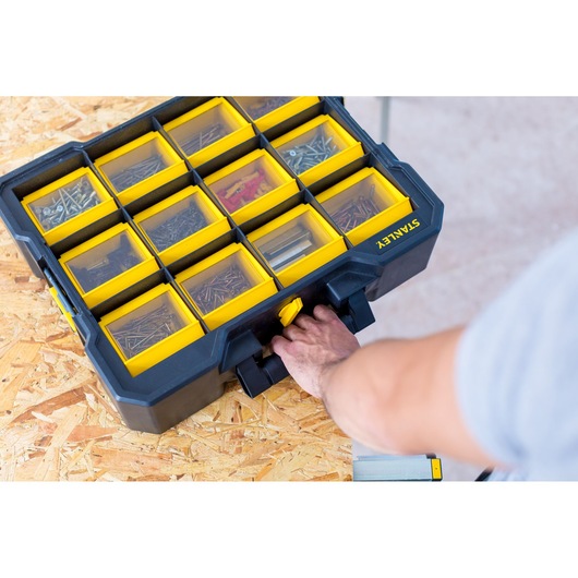 STANLEY FMST81077-1 organizer with transparent lids and yellow compartments photographed from above.