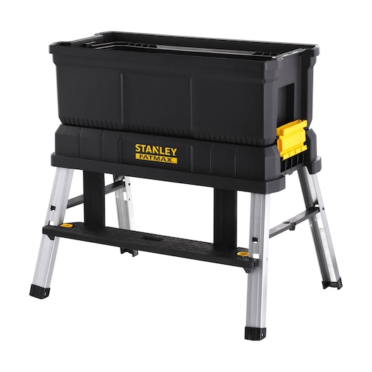 Photo of STANLEY FMST81083-1 black and yellow portable toolbox on extendable aluminum legs, front angle.