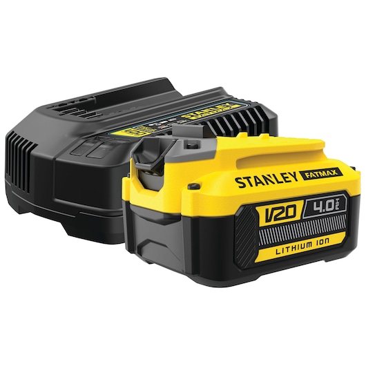 STANLEY SFMCB14M1 V20 4.0Ah lithium-ion battery and charger set, product photography, angled view.