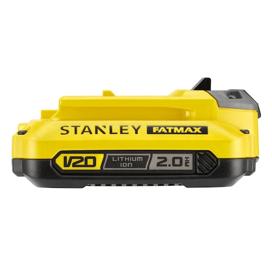 STANLEY SFMCB202 V20 FATMAX 2.0Ah lithium-ion battery front angle on white background.