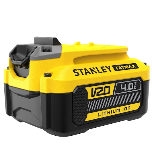 STANLEY SFMCB204 V20 4.0Ah Lithium Ion battery, yellow and black, front angle on white background.
