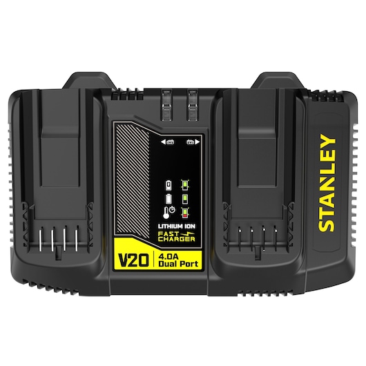 STANLEY SFMCB24 battery charger, V20 Fatmax 4.0A dual port, front angle, black and yellow design.