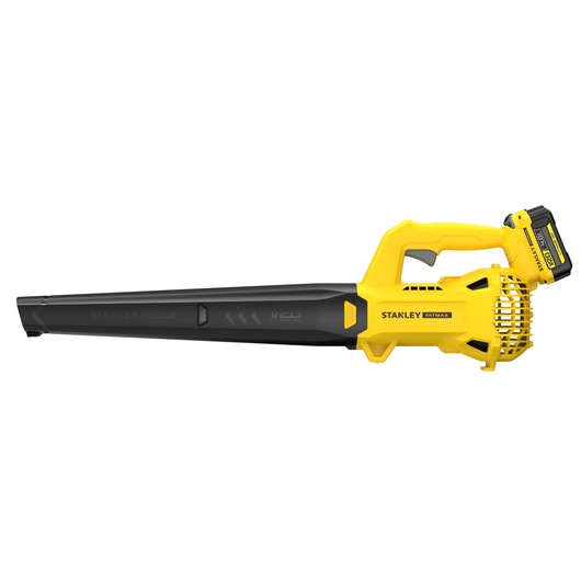 Photo of STANLEY SFMCBL714M1 yellow and black cordless leaf blower, side angle on white background.