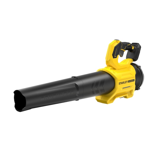 Photo of STANLEY SFMCBL730B cordless leaf blower, yellow and black, side angle, on white background.
