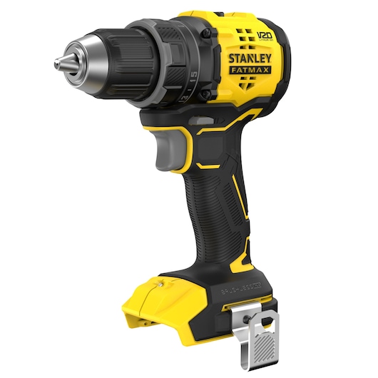 STANLEY SFMCD714B-XJ cordless drill, yellow and black, side angle on white background.