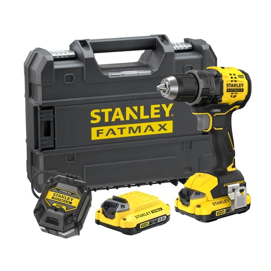 STANLEY SFMCD714D2T cordless drill kit with case, charger, and two yellow batteries, front angle.
