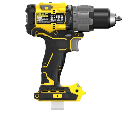 STANLEY SFMCD726B cordless drill, side view, yellow and black body, textured grip, visible branding and labels.