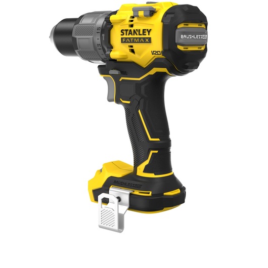 STANLEY SFMCD726B cordless drill driver, yellow and black, side angle on white background.