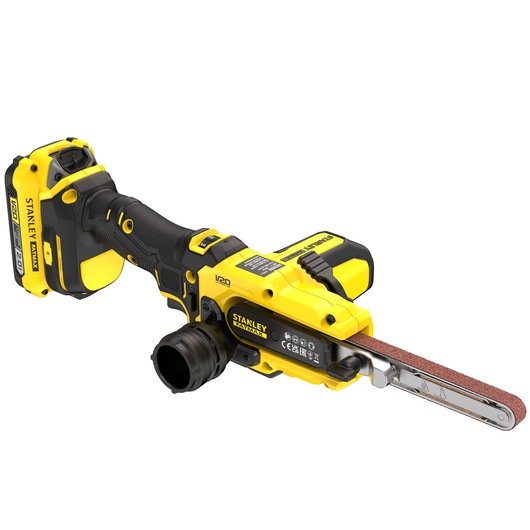 STANLEY SFMCE210D2 cordless belt file, yellow and black, side angle on white background.