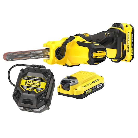 STANLEY SFMCE210D2 cordless belt file tool set, yellow and black, front angle.