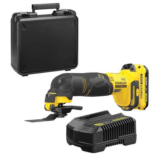 Stanley Fatmax cordless multi-tool kit with case and charger, in black and yellow.