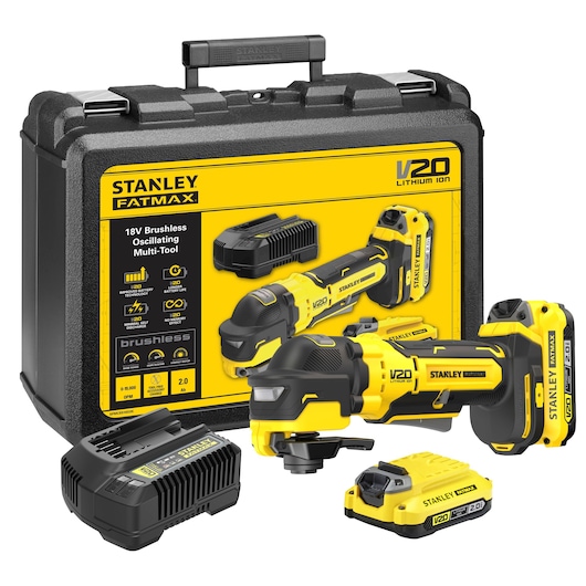 STANLEY SFMCE510D2K 18V brushless oscillating multi-tool kit with battery, charger, and carrying case, front view.