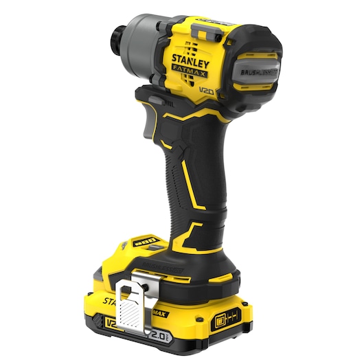 STANLEY SFMCF830D2K cordless impact driver, yellow and black, right front angle, with V20 2.0Ah battery.