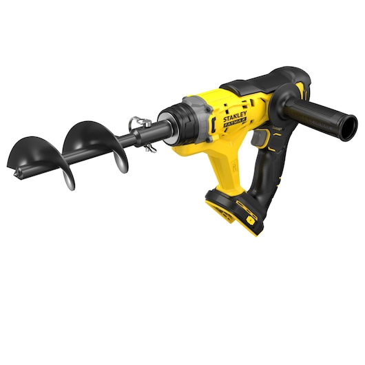 Photo of STANLEY SFMCGA75B cordless earth auger, yellow and black, side angle on white background.