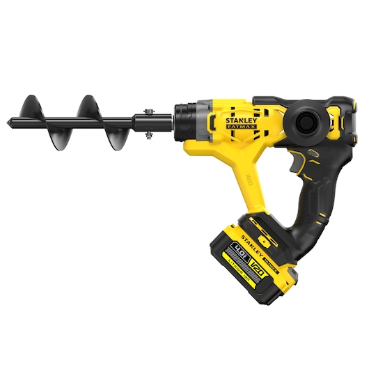 STANLEY SFMCGA75M1 cordless garden auger, yellow and black, side view on white background.
