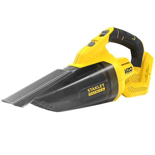 Stanley SFMCVH001B handheld vacuum, yellow and black, FATMAX, side angle, white background.