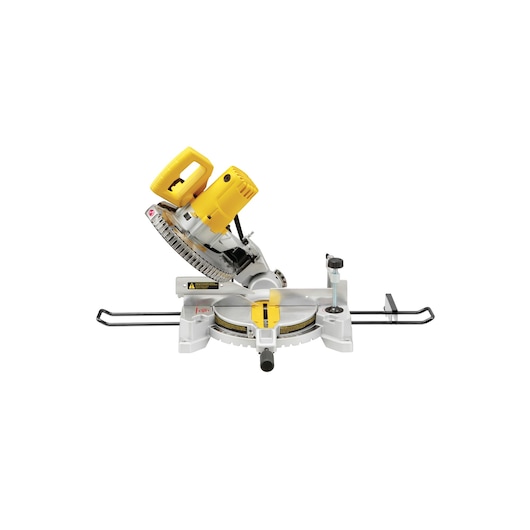 Photo of STANLEY SM1650 miter saw, yellow and silver, side angle, on white background.