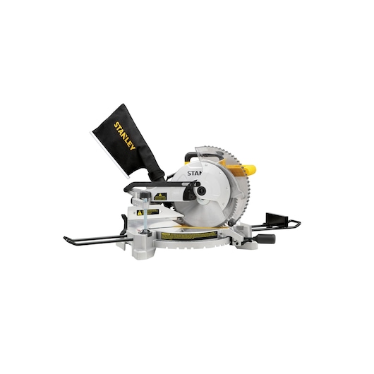 Photo of STANLEY SM1650 miter saw with dust bag, silver and yellow, side angle, on white background.