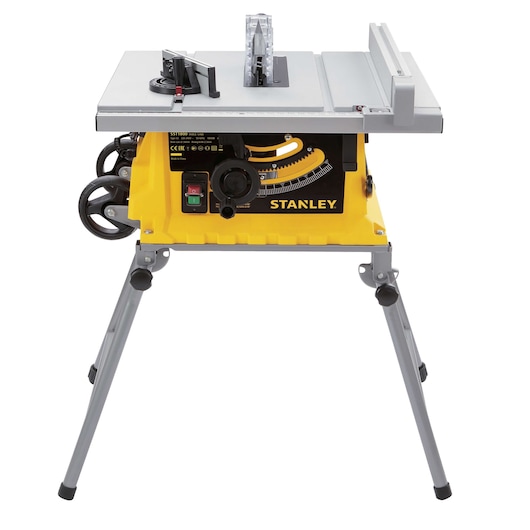 STANLEY SST1800 table saw with yellow base, silver top, foldable legs, and visible adjustment knobs, front angle.