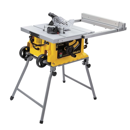 STANLEY SST1800 table saw with yellow base, metal stand, and adjustable fence, front angle on white background.