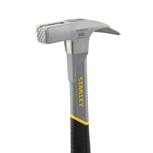 STANLEY STHT0-51312 claw hammer, grey steel head with milled face, yellow and black ergonomic handle, front angle.