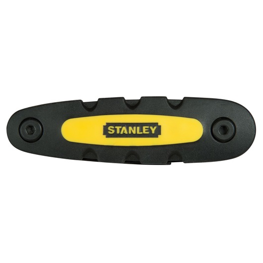 STANLEY STHT0-70695 black and yellow folding hex key set, front angle, photography on white background.