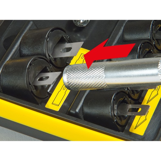 STANLEY STHT0-73872 photography of precision knife handle and replacement blades in black and yellow holder.