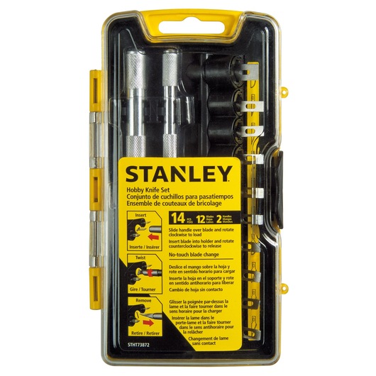 STANLEY STHT0-73872 hobby knife set with 14 pieces, two metal handles, and 12 blades in black and yellow plastic case, front view.