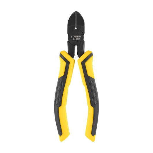 STANLEY STHT0-74362 diagonal cutting pliers with black and yellow handles, front angle photo.