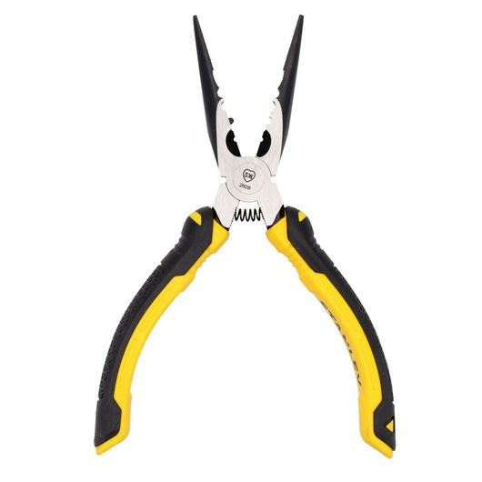 Stanley pliers STHT0-74363, yellow and black handles, front angle on white background.