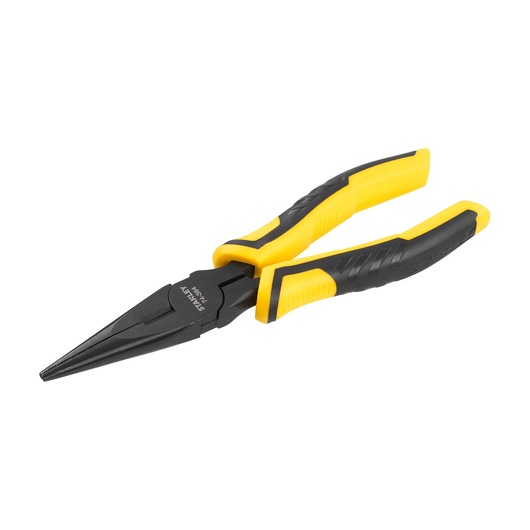 Photo of STANLEY STHT0-74364 long nose pliers with black and yellow handles, angled on white background.