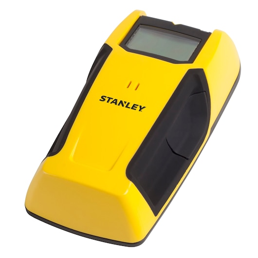 STANLEY STHT0-77406 electronic stud finder, yellow and black, angled view on white background.