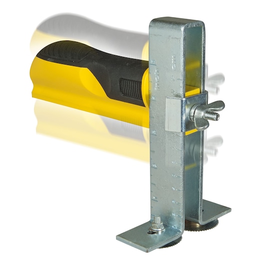 STANLEY STHT1-16069 marking gauge with yellow and black handle, metal ruler, and adjustable screw, side angle.