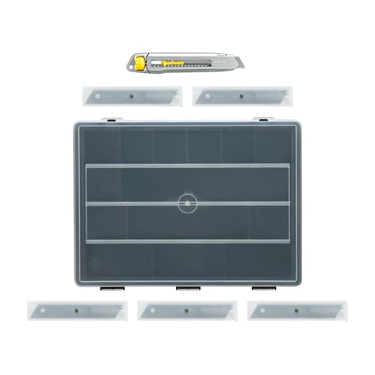 STANLEY STHT10018-9 utility knife set with six replacement blades and storage box, top view, white background.