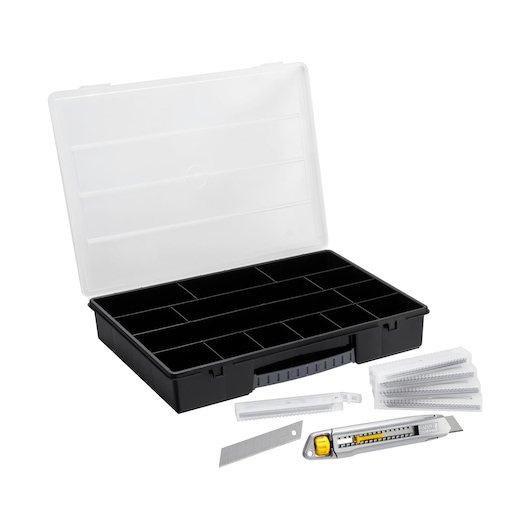 STANLEY STHT10018-9 utility knife with yellow slider and blade set, black organizer box, front angle