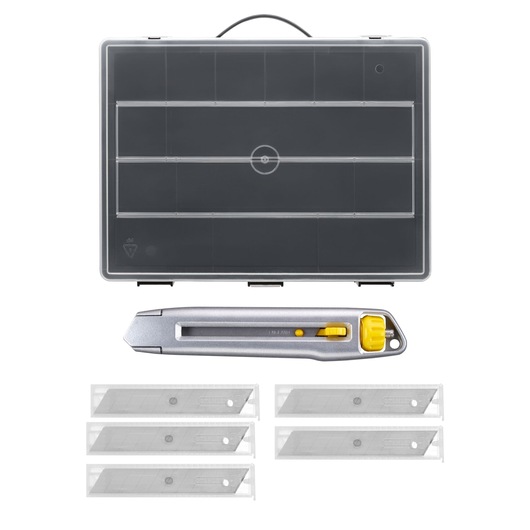 STANLEY STHT10018-9 utility knife set with grey storage case, five replacement blades, top-down view.