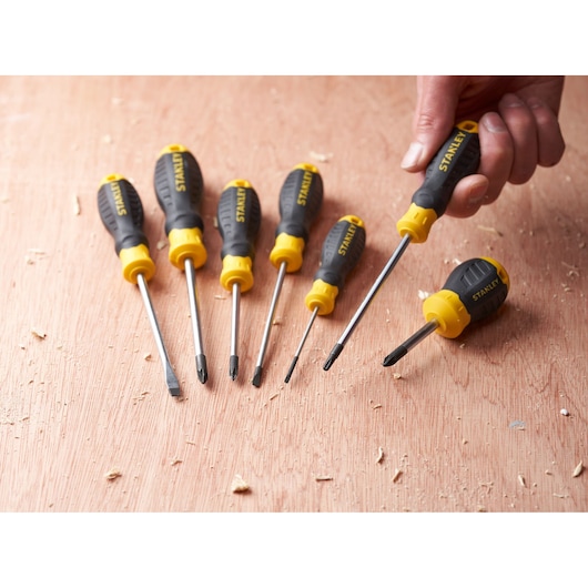 Photo of STANLEY STHT16179-0 screwdriver set with black and yellow handles on wood surface.
